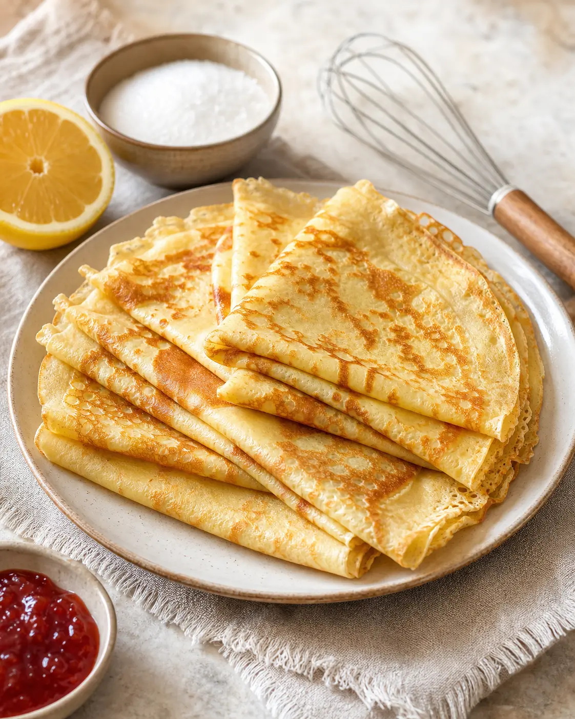 Pile de crêpes maison dorées sur une assiette avec sucre, citron, fouet et confiture