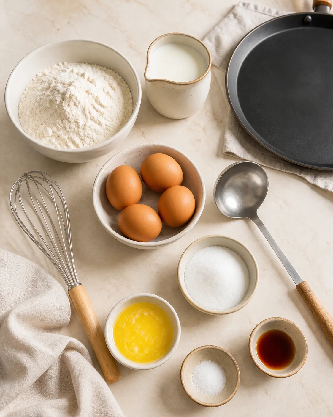 Ingrédients pour pâte à crêpes facile avec farine, œufs, lait, beurre fondu, sucre, vanille, fouet et poêle