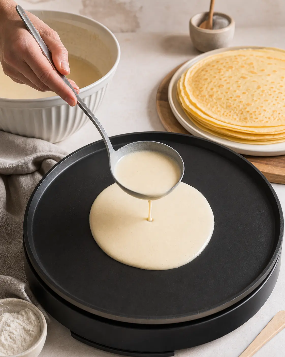 Pâte à crêpes facile fouettée puis versée en fine couche sur une crêpière chaude