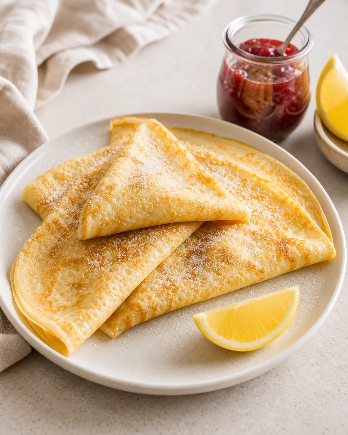 Crêpes faciles servies pliées avec sucre glace, quartier de citron et confiture de fruits rouges
