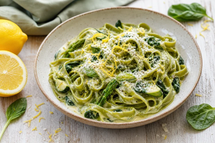 Pâtes vertes avec légumes, crème citronnée et fromage râpé
