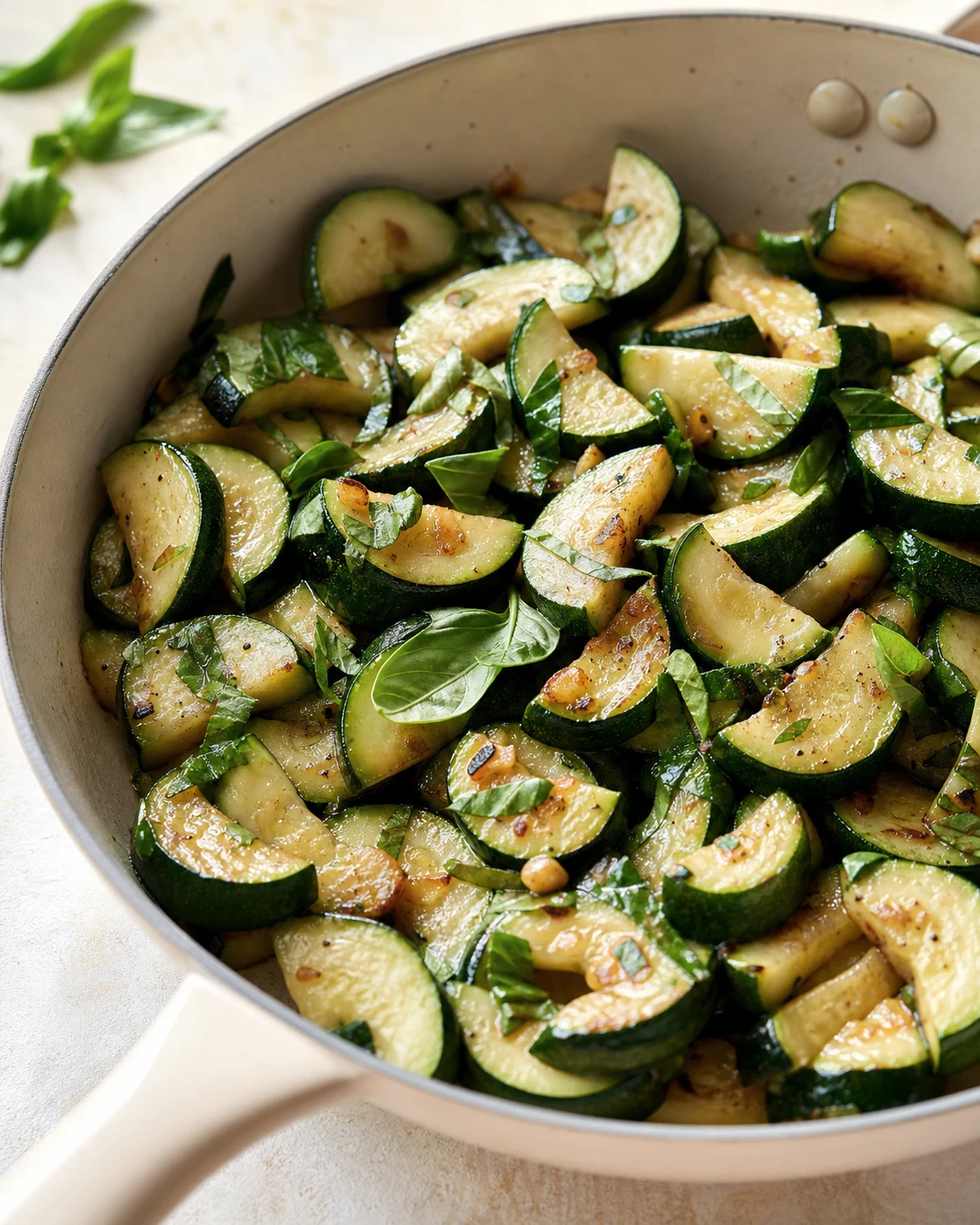 Poelee de courgettes a l’ail et au basilic servie chaude dans une sauteuse claire avec basilic frais visible