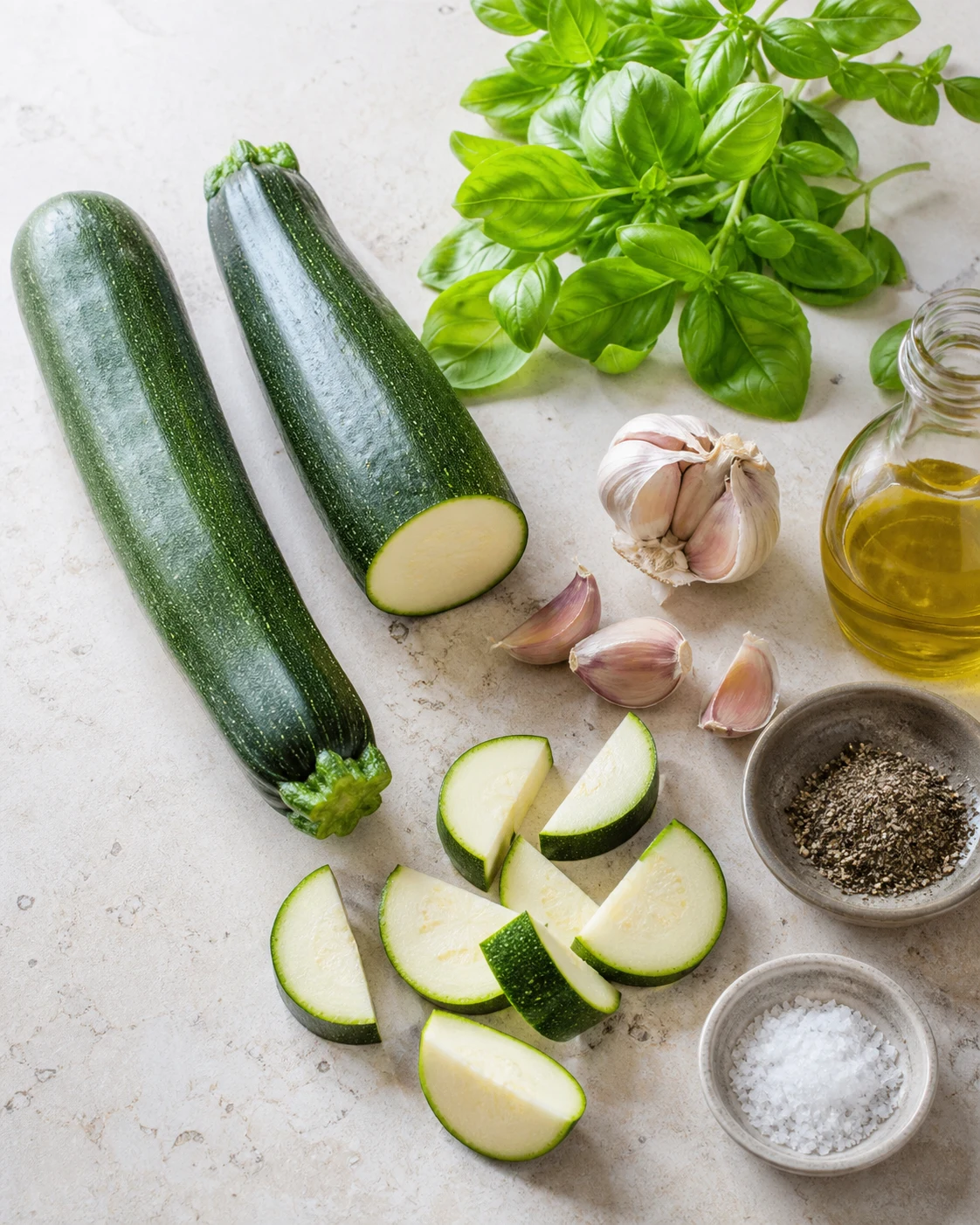 Ingredients pour poelee de courgettes ail basilic avec courgettes fermes, ail, basilic frais, huile d’olive, sel et poivre sur plan de travail clair