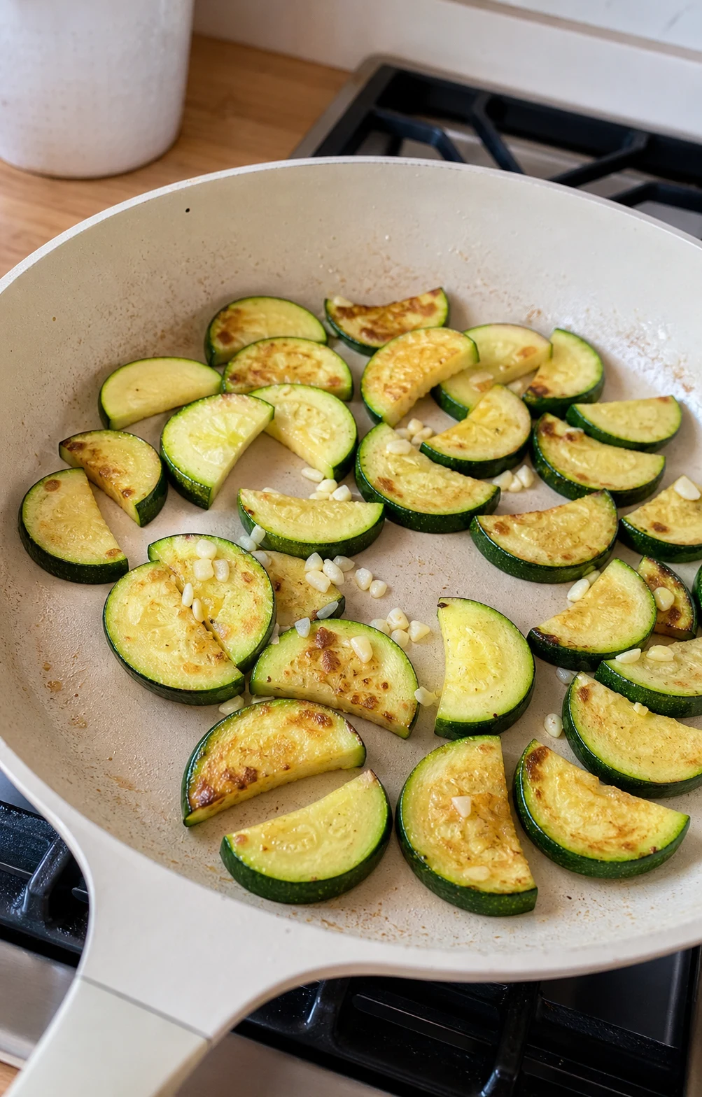 Demi-lunes de courgettes en train de dorer dans une grande poele avec ail ajoute en fin de cuisson