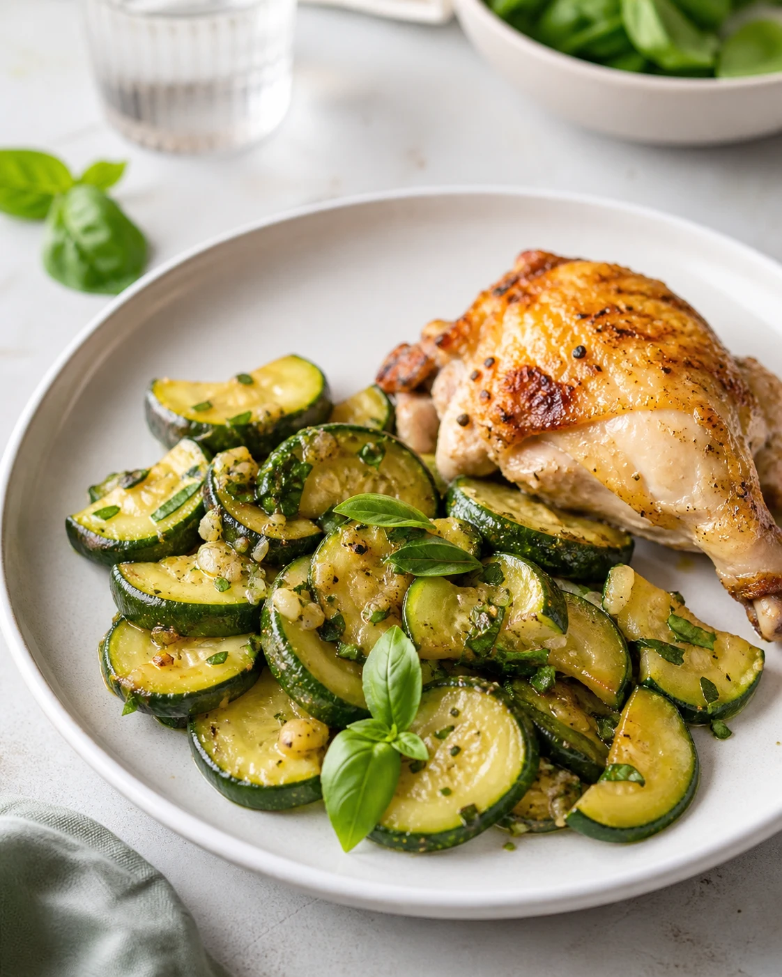 Poelee de courgettes a l’ail et au basilic servie avec poulet roti dans une assiette claire