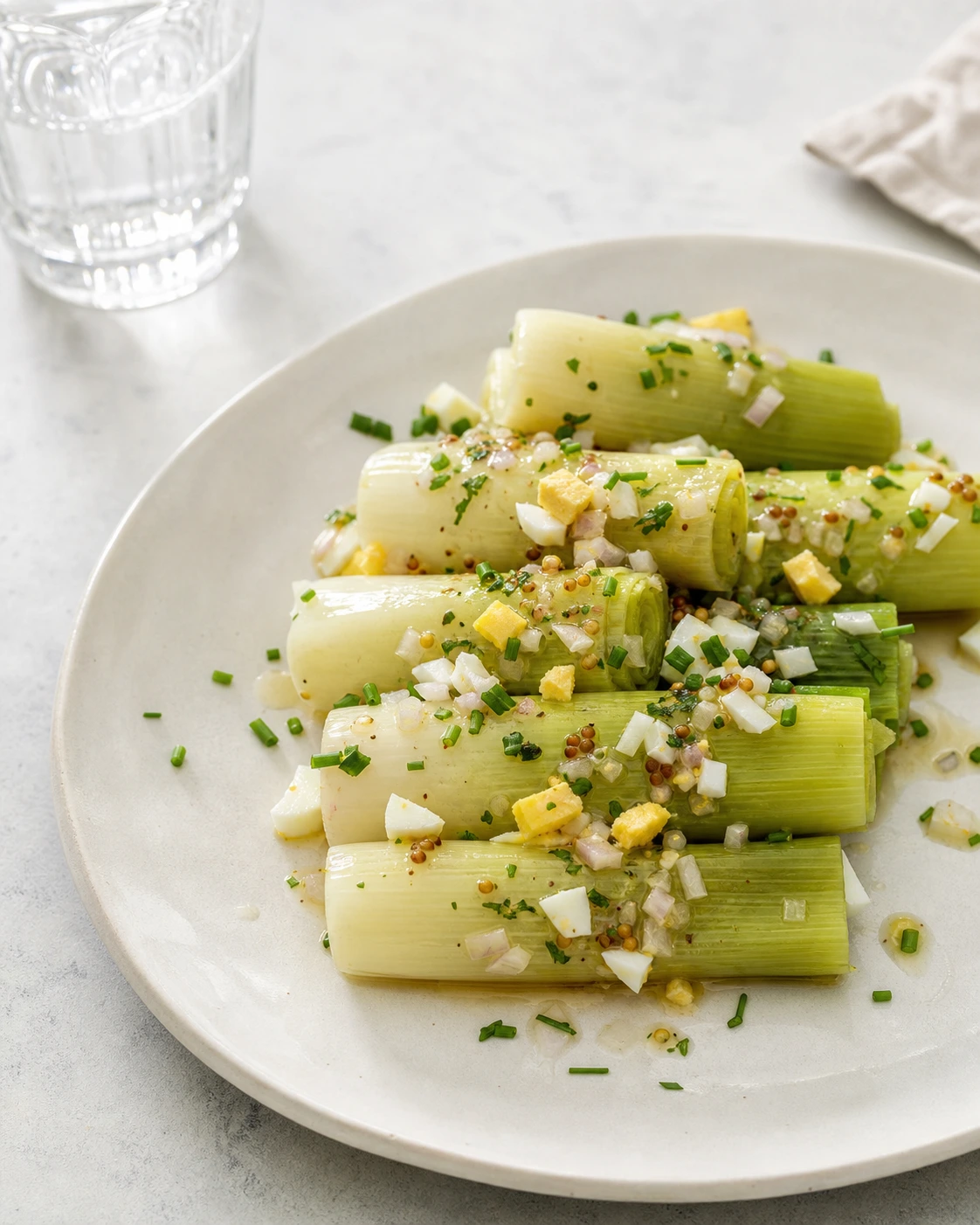 Poireaux vinaigrette maison servis sur une grande assiette claire avec œuf dur haché et herbes