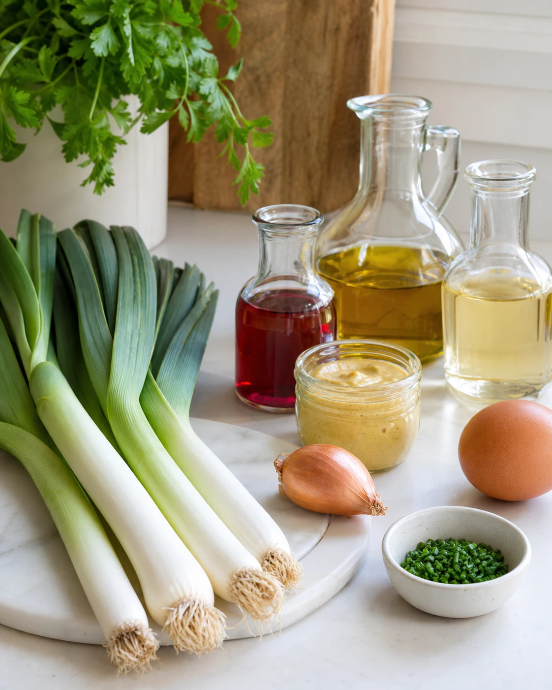 Ingrédients pour poireaux vinaigrette avec poireaux, échalote, moutarde, vinaigre, huiles, œuf et herbes fraîches