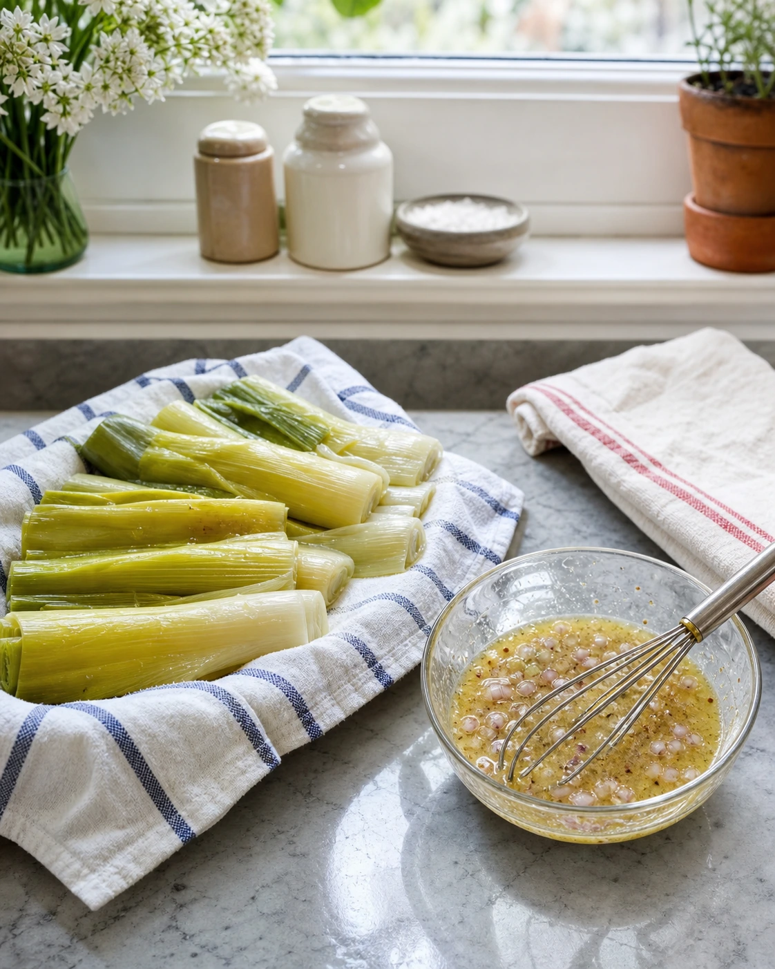 Poireaux cuits et égouttés sur un torchon propre à côté d’un petit bol de vinaigrette fouettée