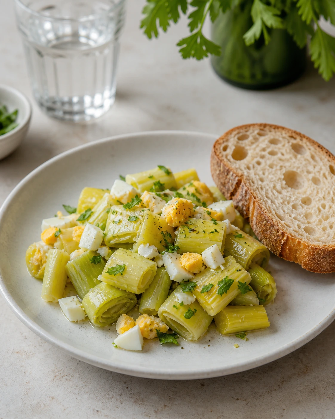 Assiette de poireaux vinaigrette maison avec œuf dur haché, herbes et tranche de pain de campagne