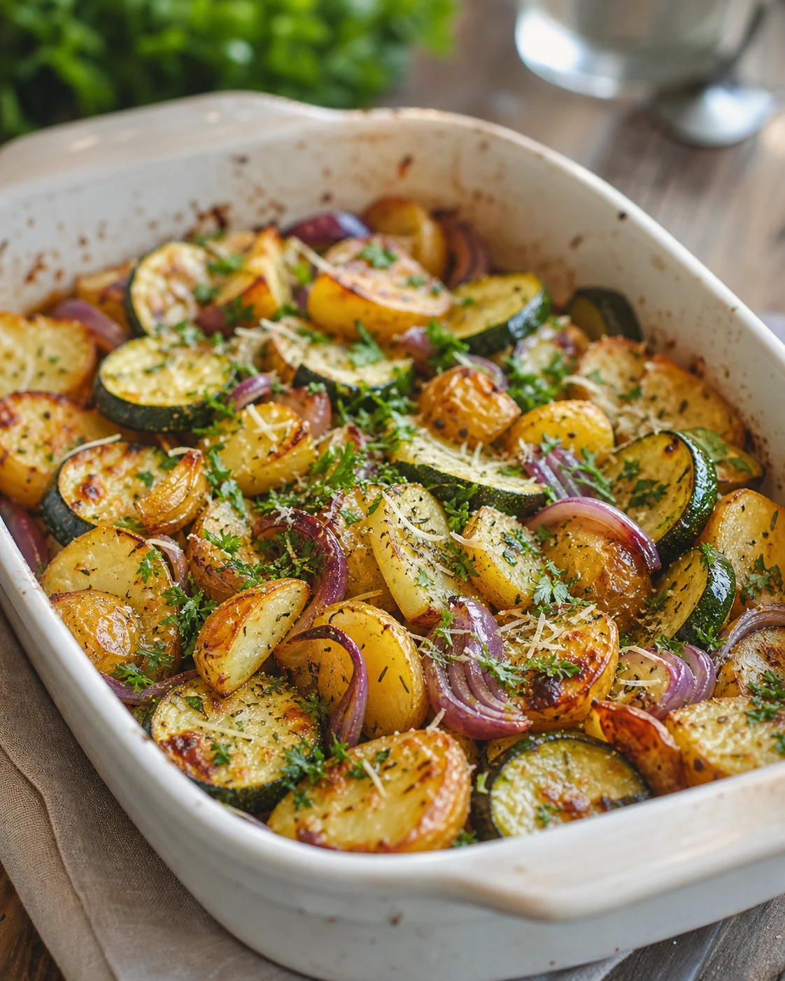 Pommes de terre et courgettes au four dorees aux herbes dans un grand plat clair