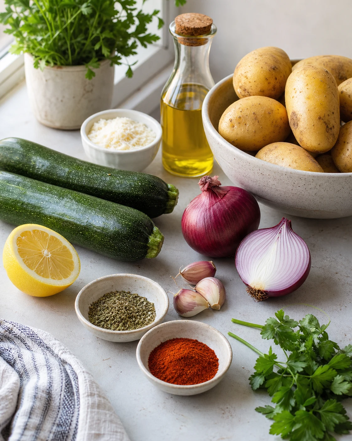 Ingredients pour pommes de terre et courgettes au four avec pommes de terre, courgettes, oignon, ail, huile d olive, herbes et parmesan