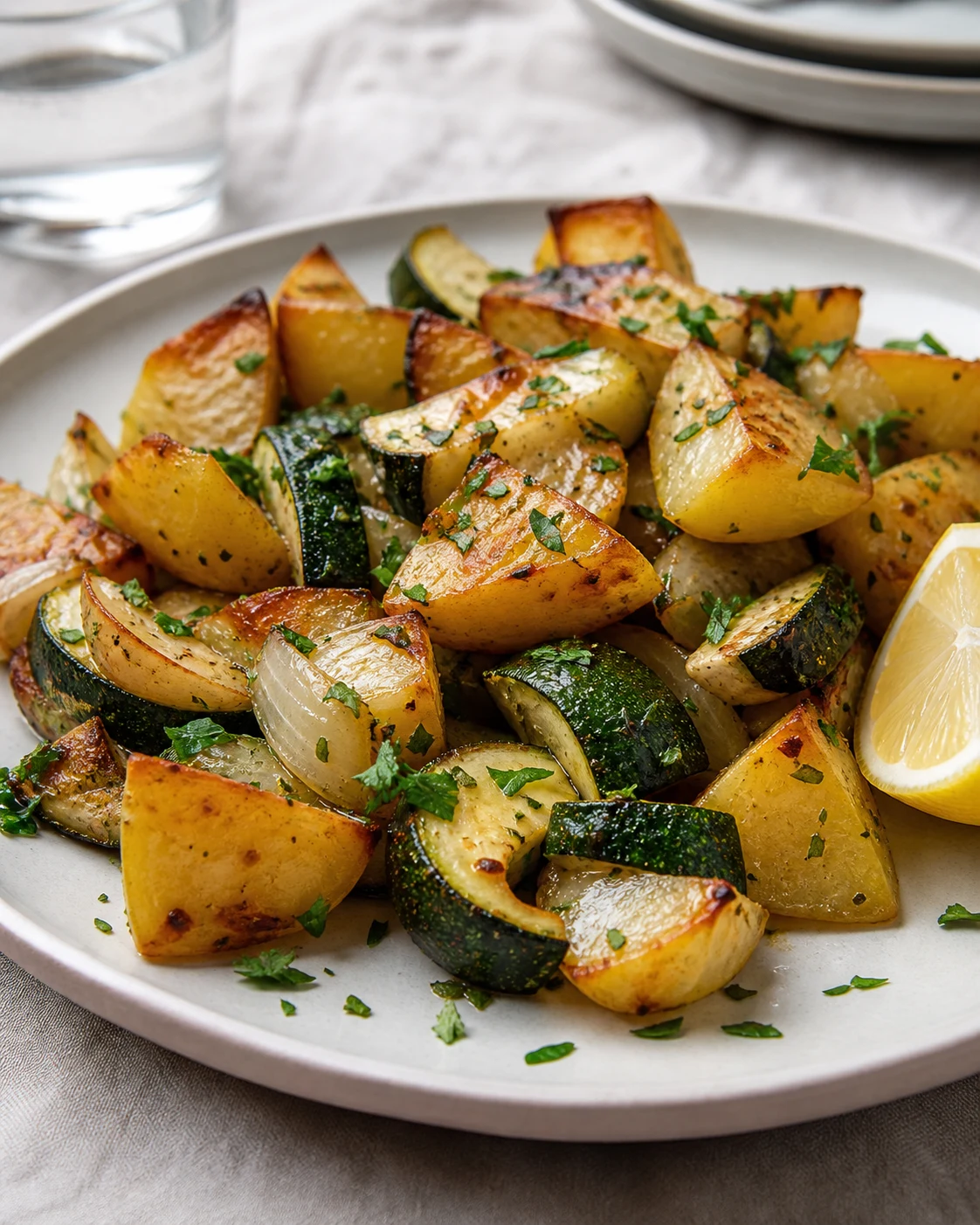 Portion de pommes de terre et courgettes au four servie chaude avec herbes fraiches