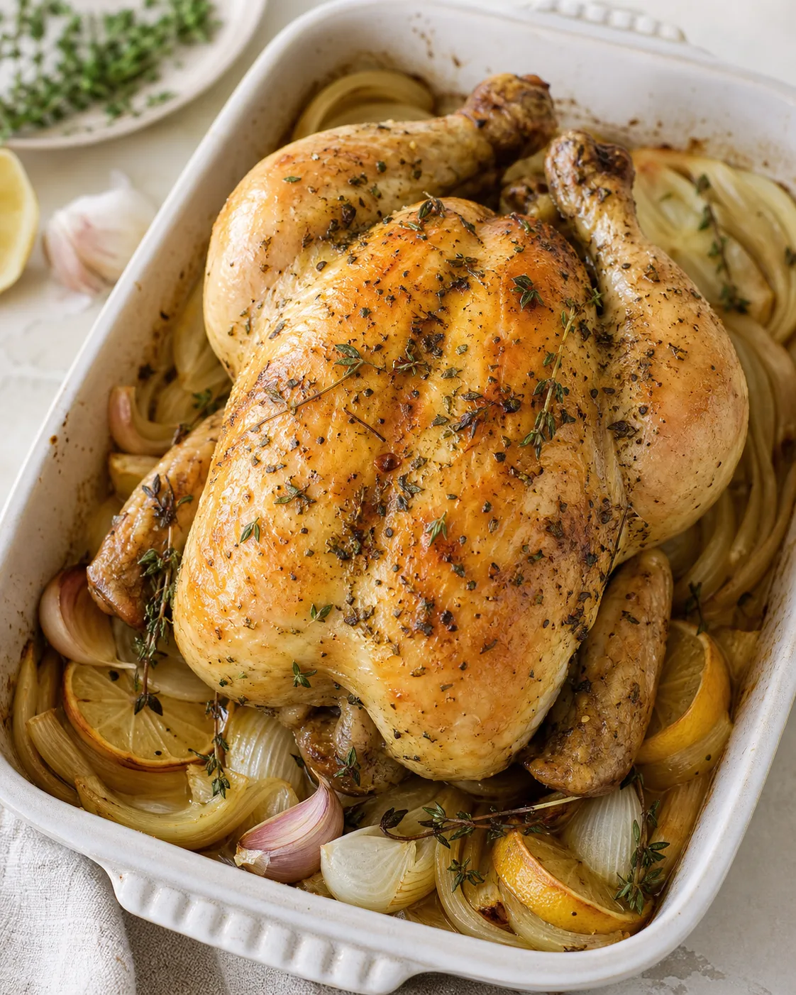 Poulet entier doré au four avec citron, ail et oignons roussis dans un plat de cuisson