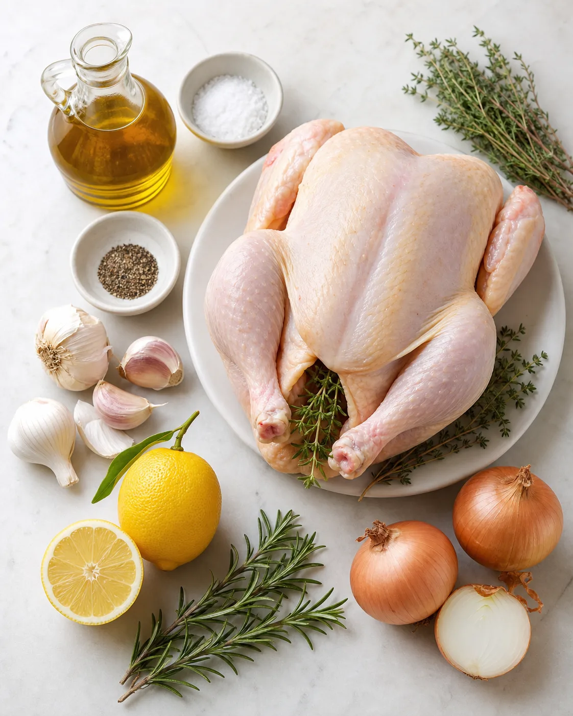 Ingrédients du poulet au four facile avec poulet entier, citron, ail, oignons, thym, romarin, huile d’olive, sel et poivre sur plan de travail clair
