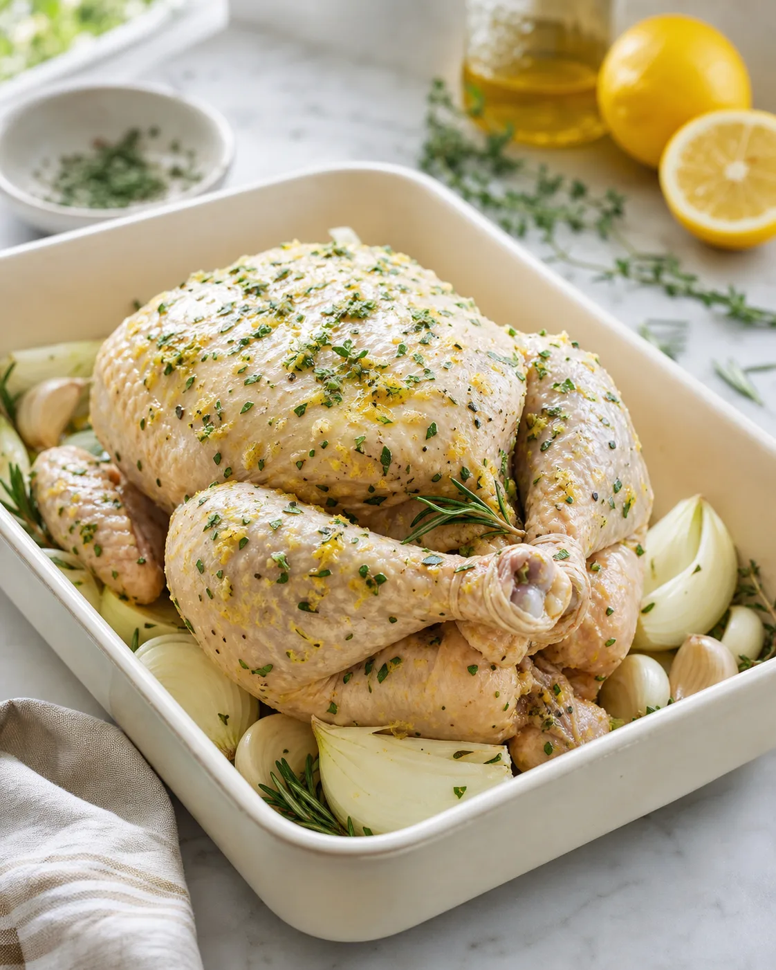 Poulet entier cru frotté d’huile, zeste de citron et herbes au-dessus d’un plat garni d’oignons et d’ail avant cuisson