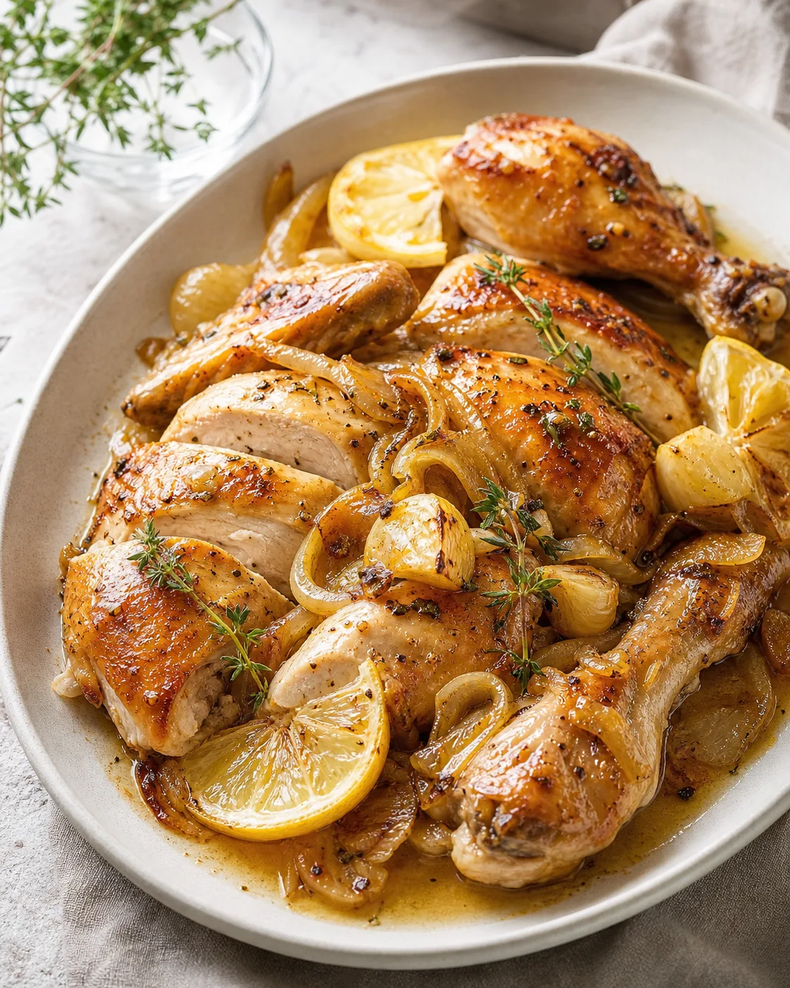 Morceaux de poulet rôti servis avec oignons roussis, ail confit et jus de cuisson dans un plat clair