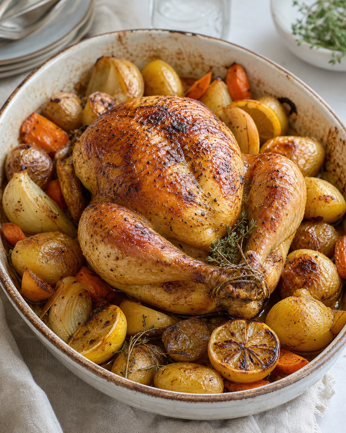 Poulet rôti familial doré au four entouré de pommes de terre, carottes et oignons dans un grand plat