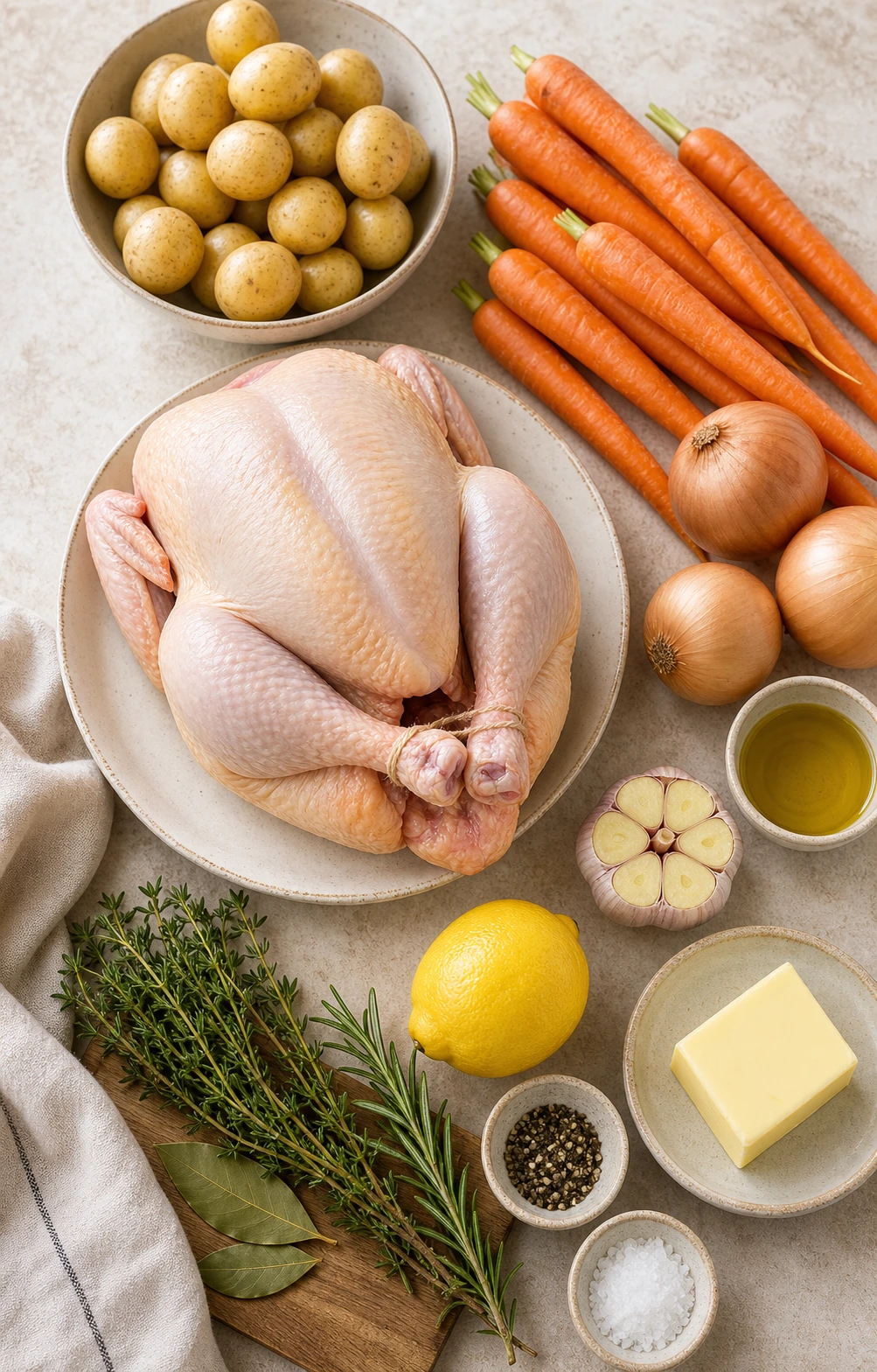 Ingrédients du poulet rôti familial avec poulet entier, pommes de terre grenaille, carottes, oignons, citron, ail, beurre et herbes sur plan de travail clair