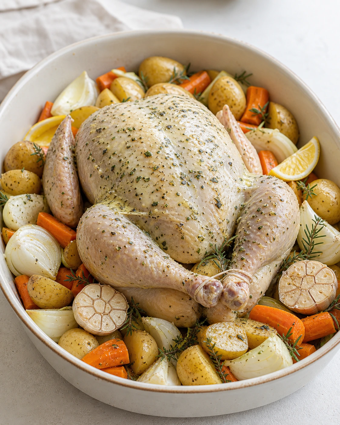 Poulet entier assaisonné au beurre et herbes dans un grand plat avec pommes de terre, carottes et oignons avant cuisson