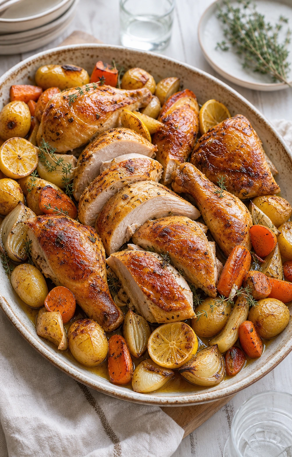 Morceaux de poulet rôti servis avec pommes de terre, carottes, oignons fondants et jus dans un grand plat familial