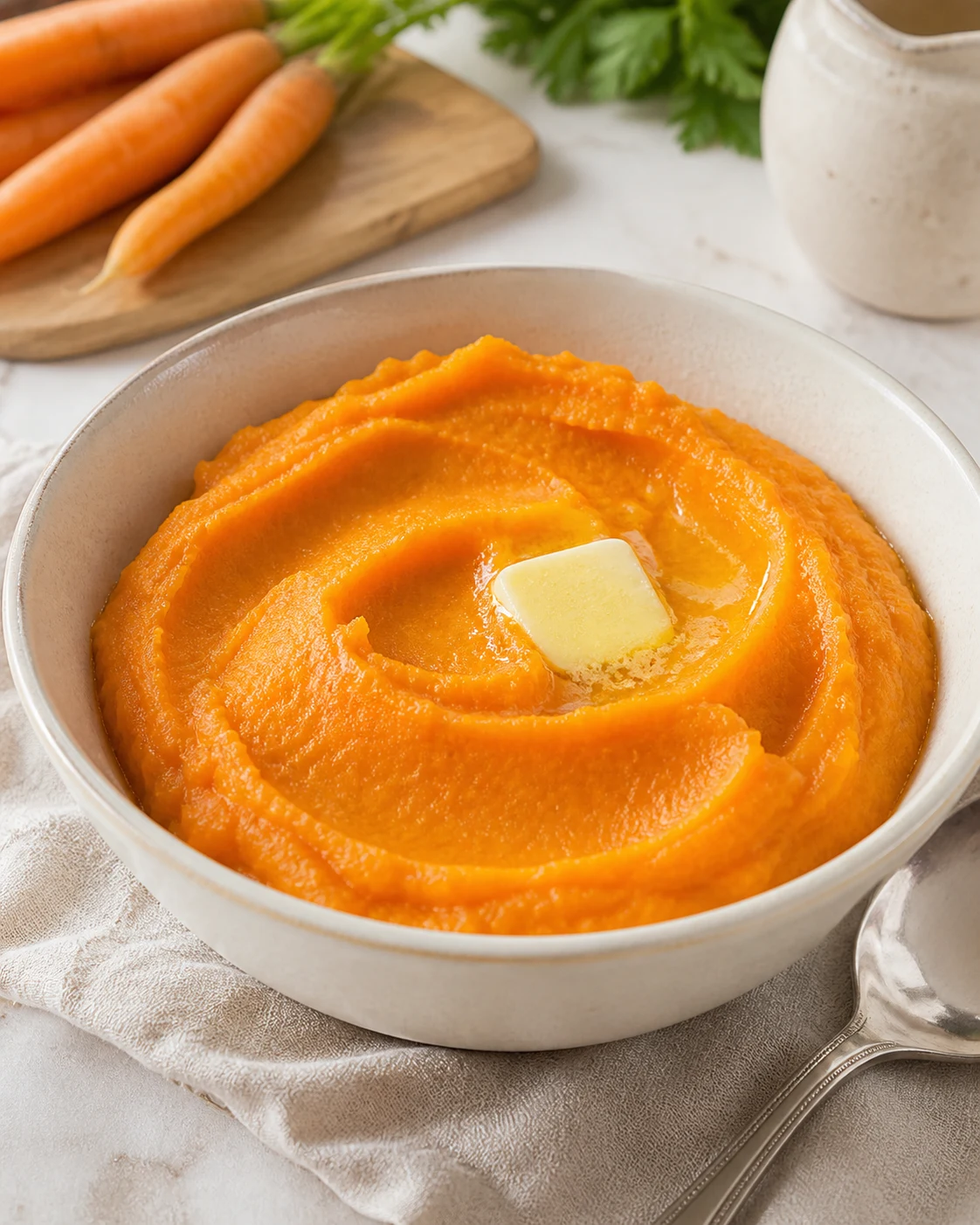 Puree de carottes maison bien lisse servie dans un bol clair avec beurre fondu en finition