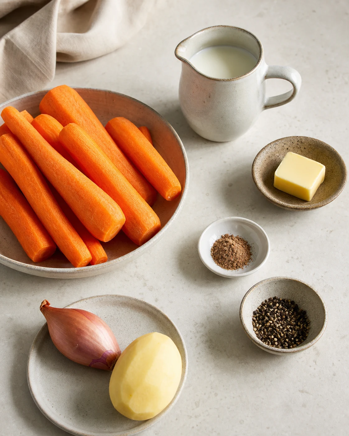 Ingredients pour puree de carottes maison avec carottes, petite pomme de terre, echalote, beurre, lait et muscade sur plan de travail clair
