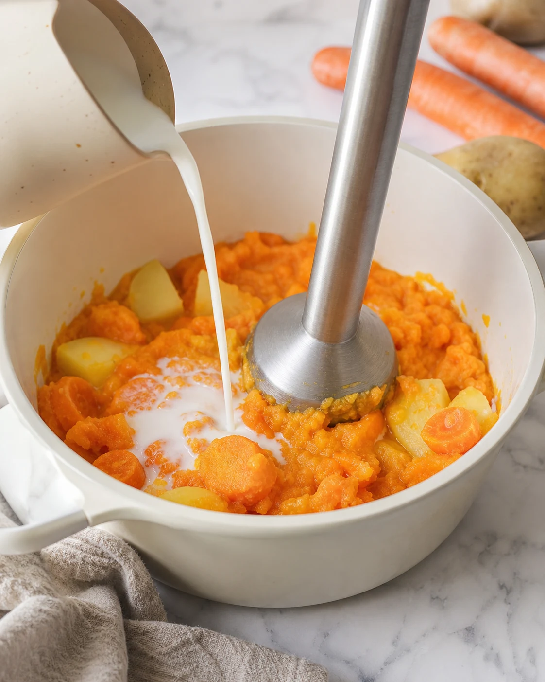 Legumes egouttes puis puree de carottes en cours de lissage dans une casserole ou un bol de mixage