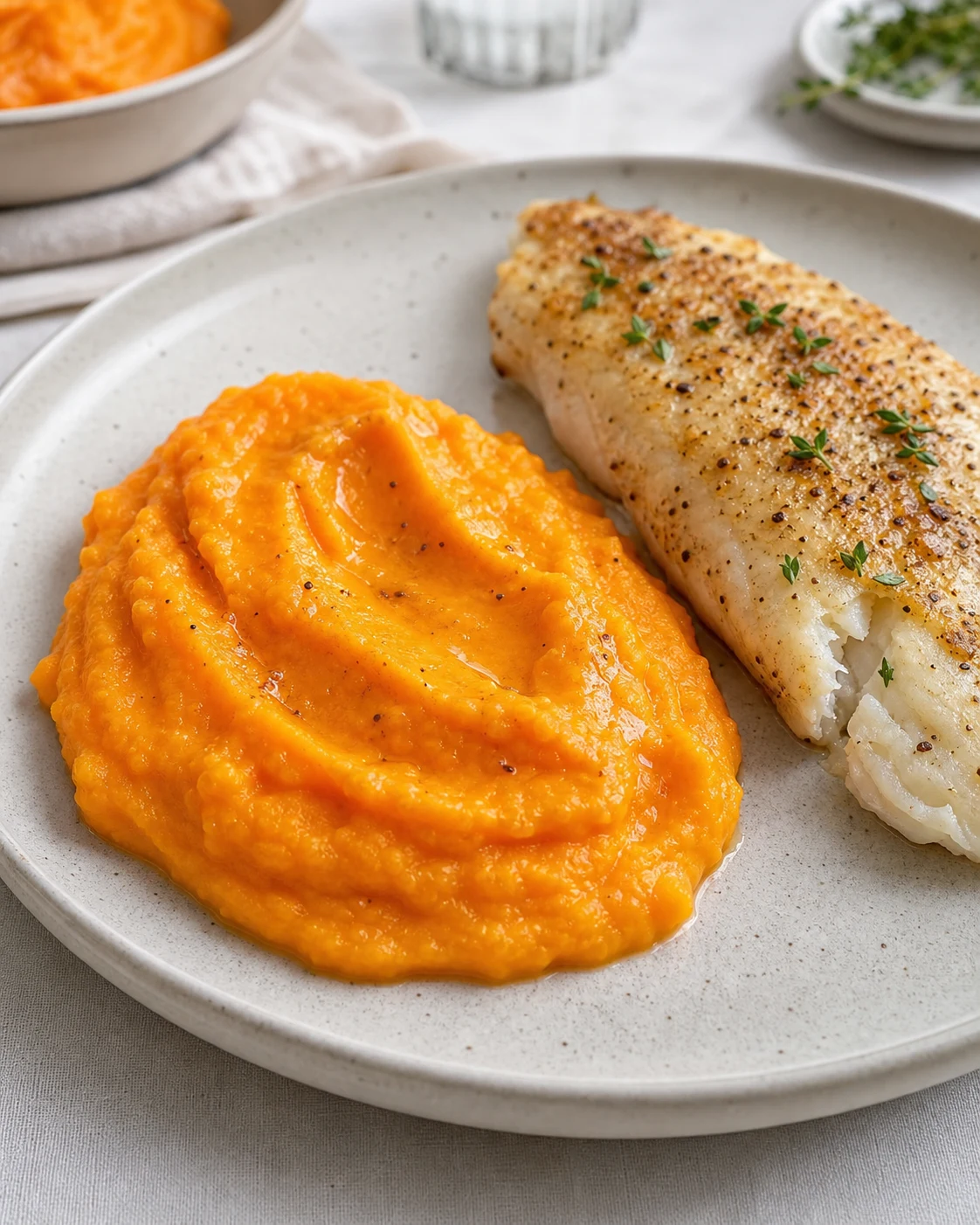 Portion de puree de carottes servie avec volaille simple dans une assiette claire