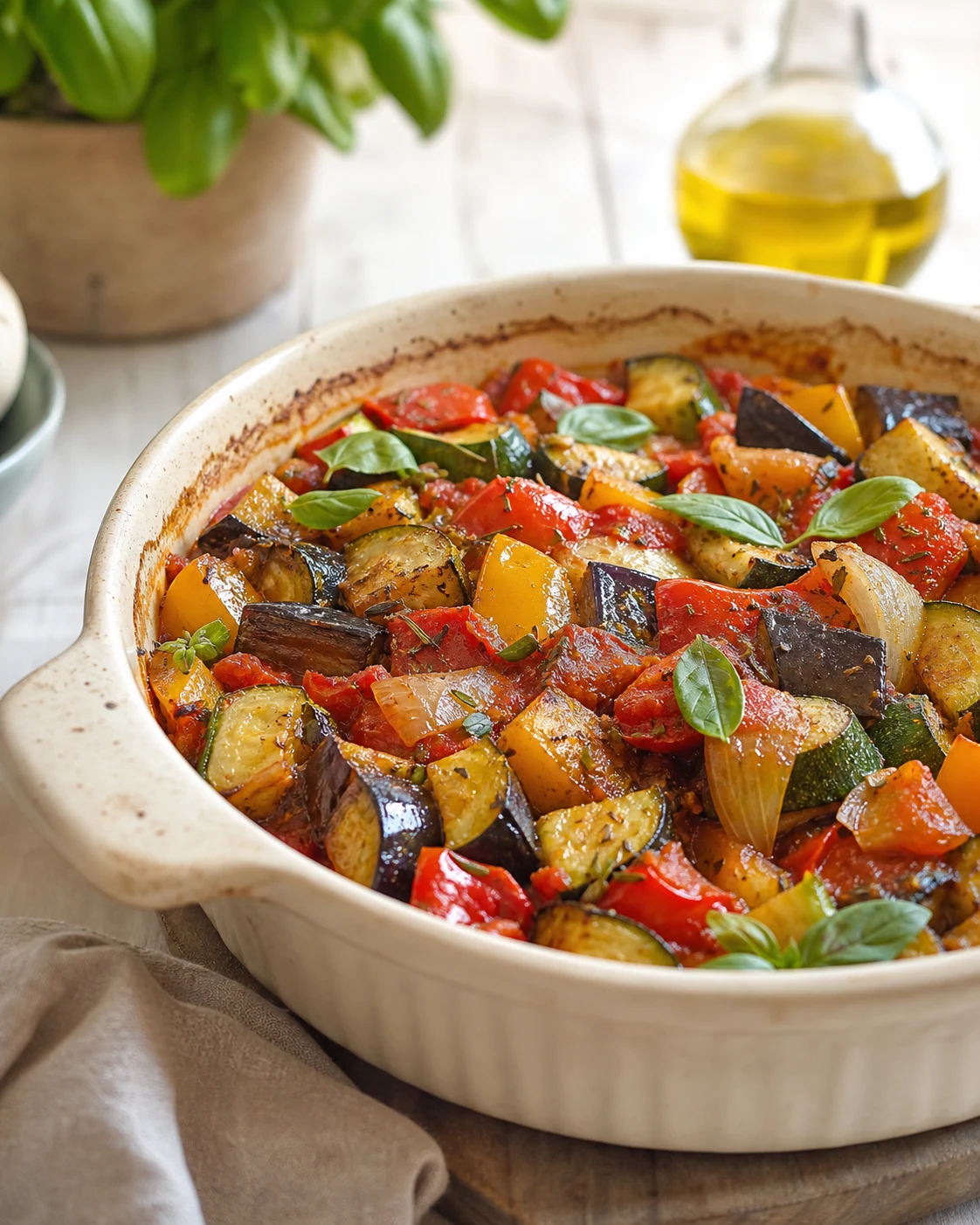Ratatouille facile au four servie dans un plat clair avec aubergine, courgette, poivron et tomates rôties encore distinctes