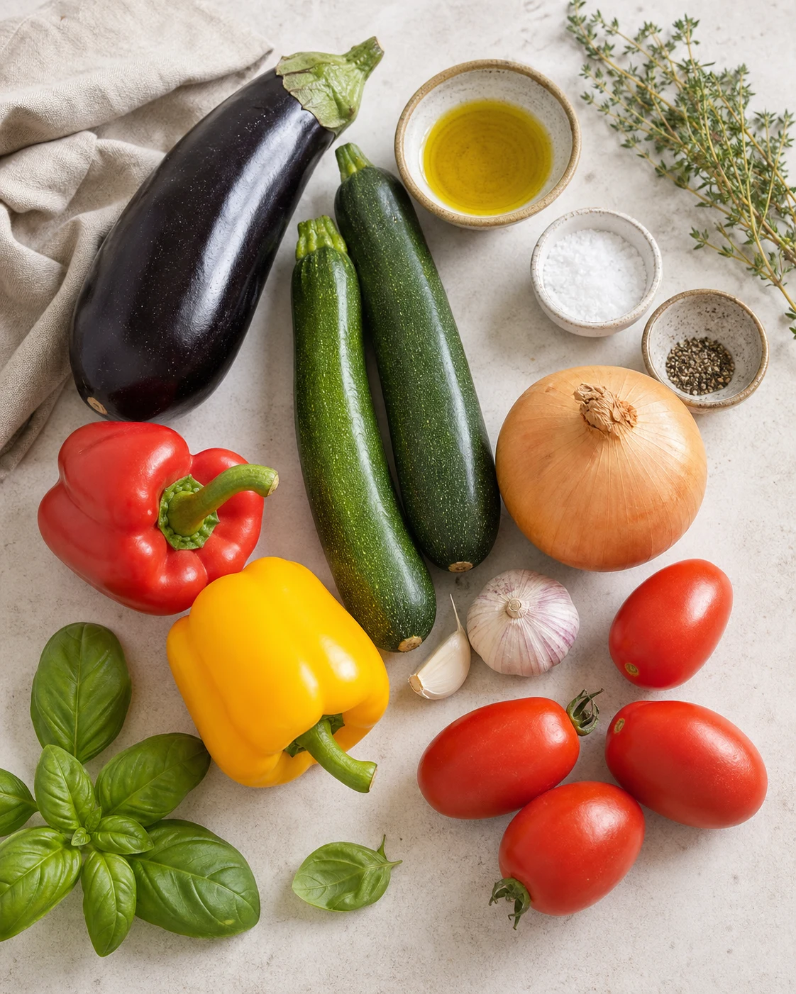 Ingrédients pour ratatouille facile au four avec aubergine, courgettes, poivrons, tomates, oignon, ail, huile d’olive et basilic sur plan de travail clair