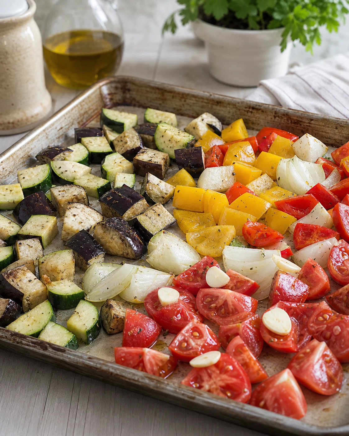 Plaque de légumes pour ratatouille au four avec aubergine, courgette, poivron, oignon, tomates et ail avant la seconde phase de cuisson