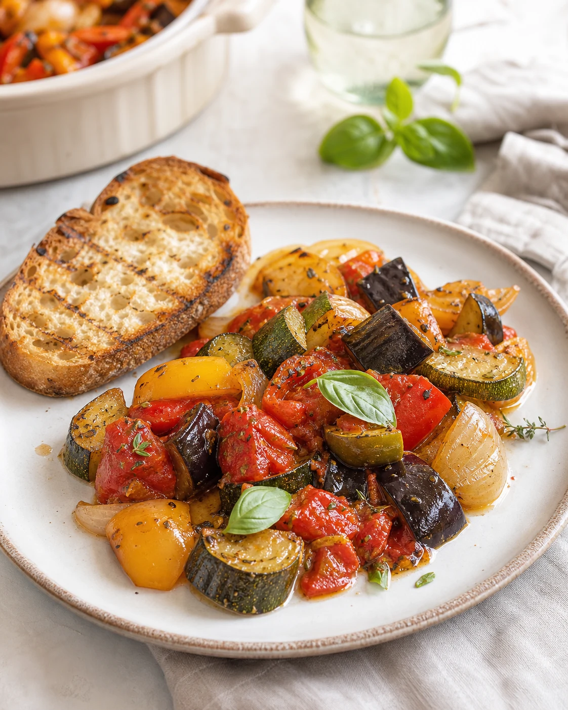 Assiette de ratatouille facile au four servie avec pain grillé dans une ambiance déjeuner d’été
