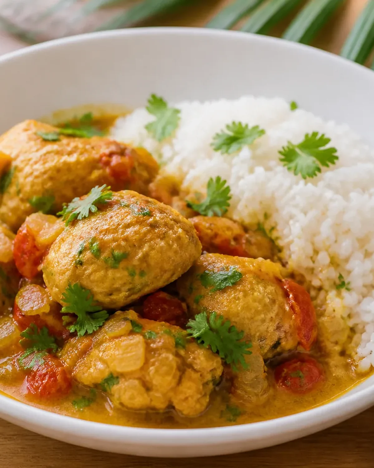 Poulet mijoté au lait de coco, tomate et coriandre servi avec du riz