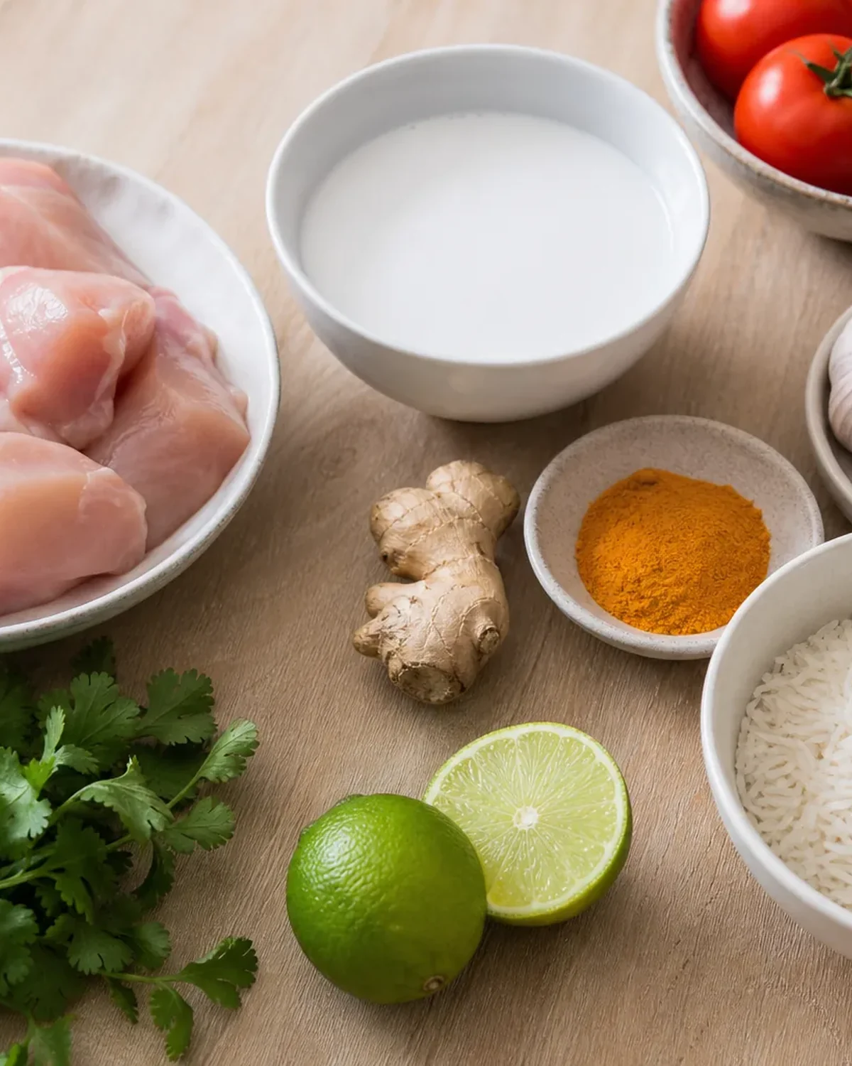 Poulet cru, lait de coco, tomates, ail, gingembre, citron vert et riz