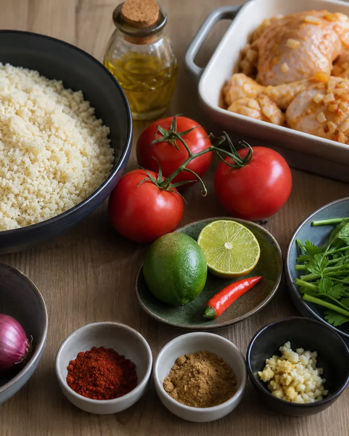 Poulet cru assaisonné avec tomates, citron vert, oignon et épices
