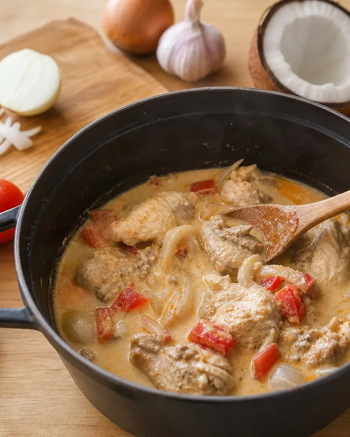 Poulet au lait de coco et tomates servi dans une cocotte