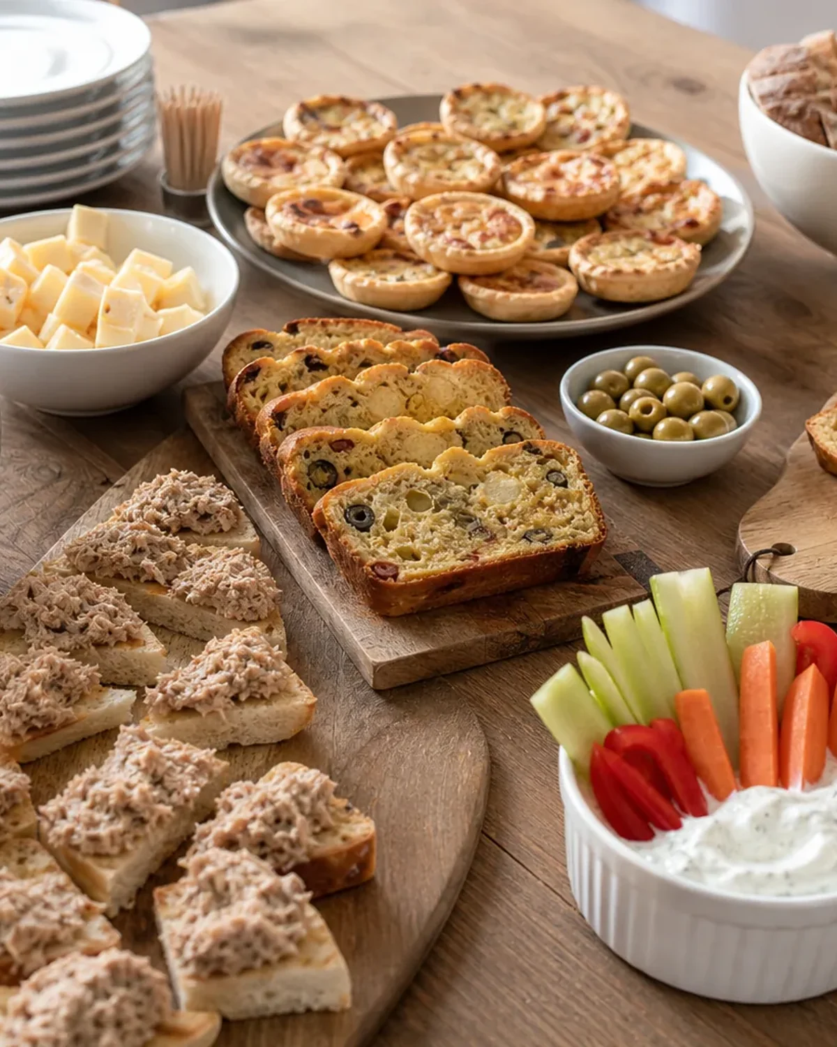 Cakes salés, tartinade, crudités, fromage et olives disposés pour un buffet