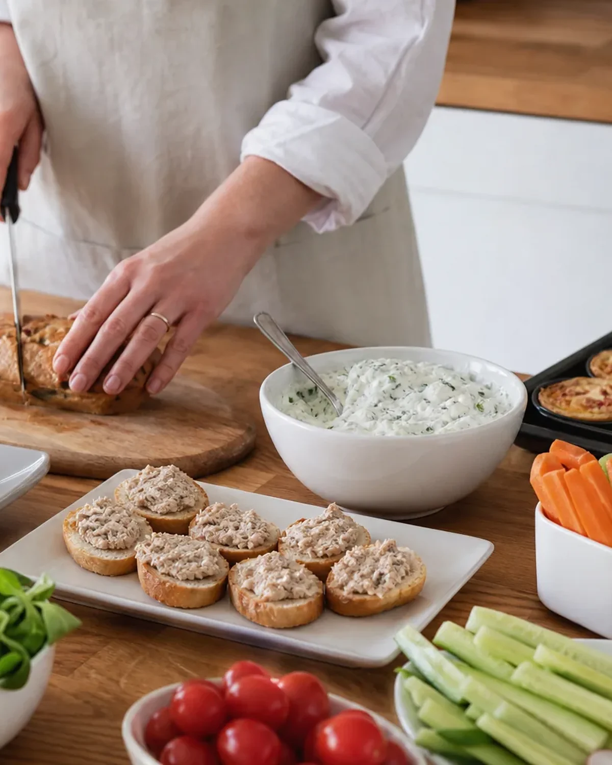 Préparation d’un buffet froid avec tartinade, pain et bâtonnets de légumes