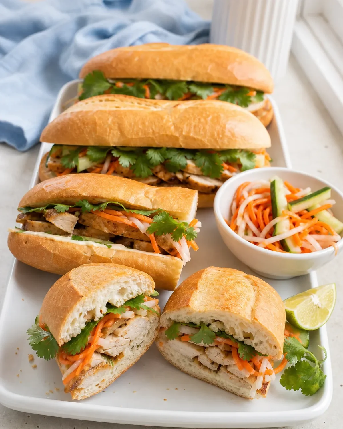 Petits sandwiches garnis de crudités et d’herbes servis avec une salade croquante