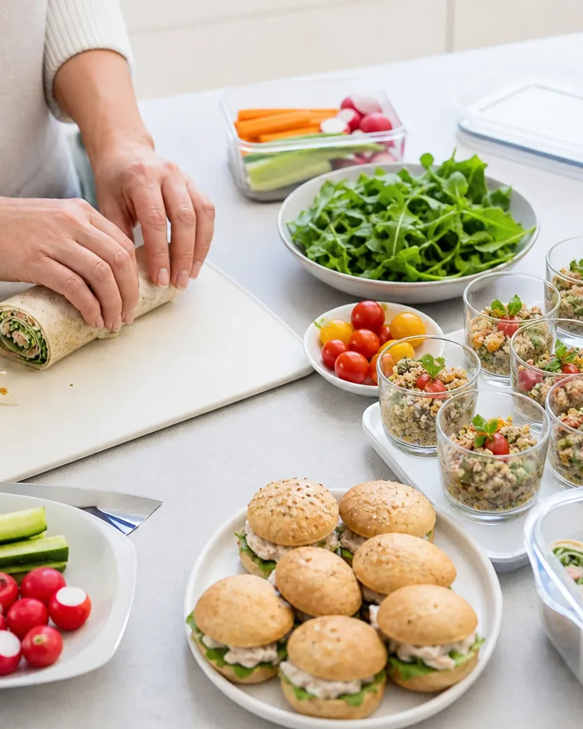 Tortilla garnie roulée puis découpée sur une planche avec crudités et verrines