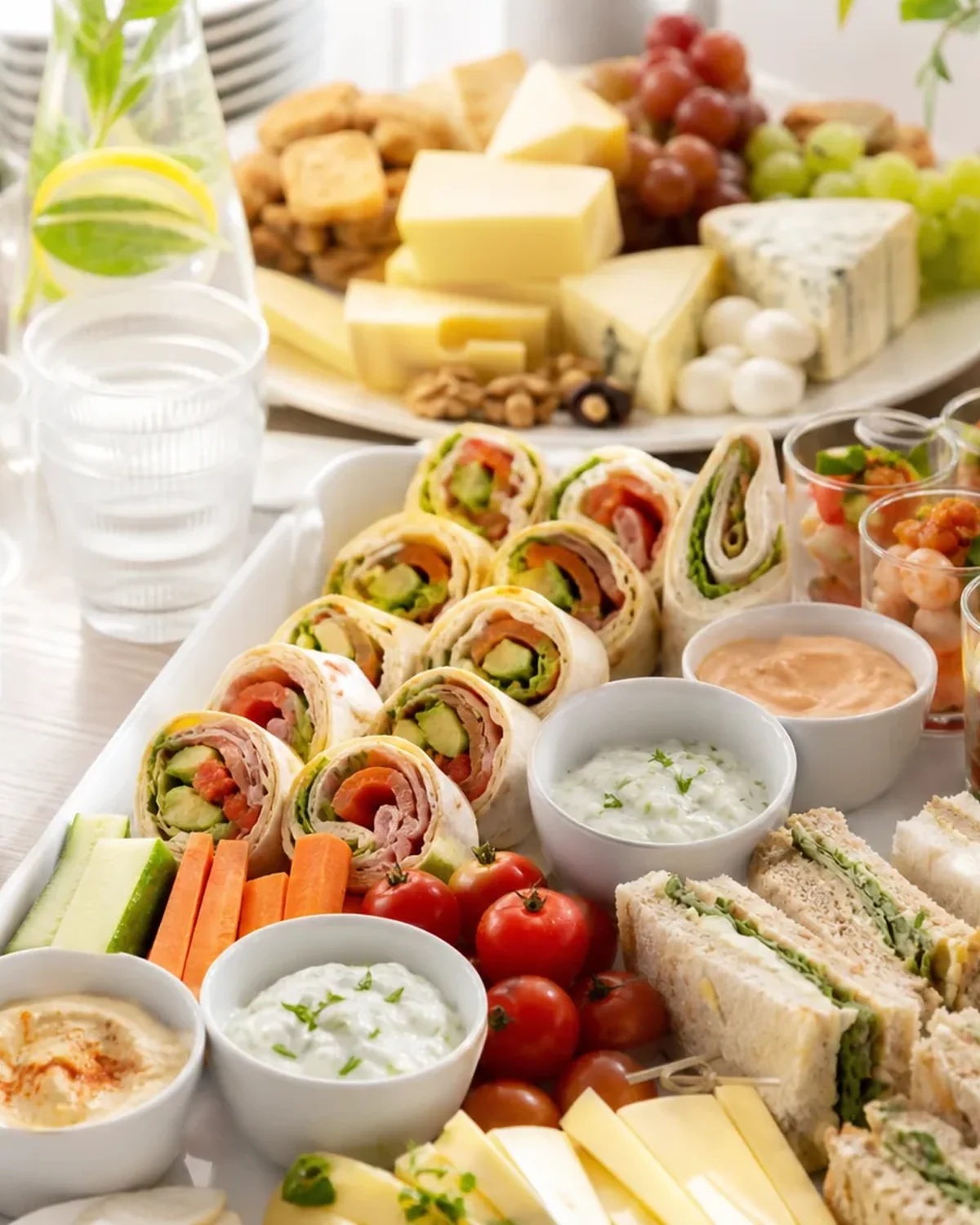 Buffet froid composé de roulés, sandwiches, fromages, crudités et sauces