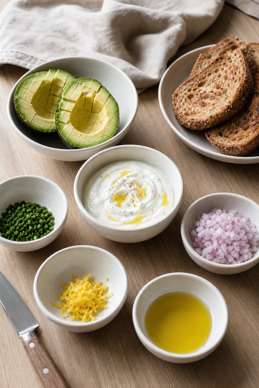 Avocats, yaourt, pain complet, citron, échalote, ciboulette et huile d’olive