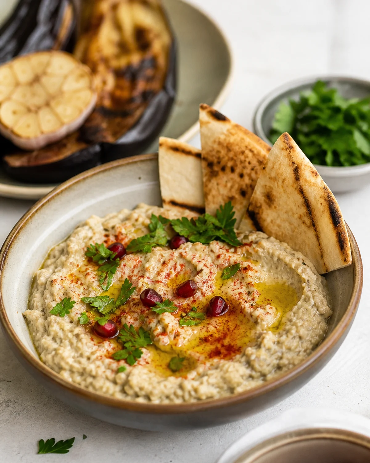 Baba ganoush crémeux avec huile d’olive, paprika, persil et pain pita
