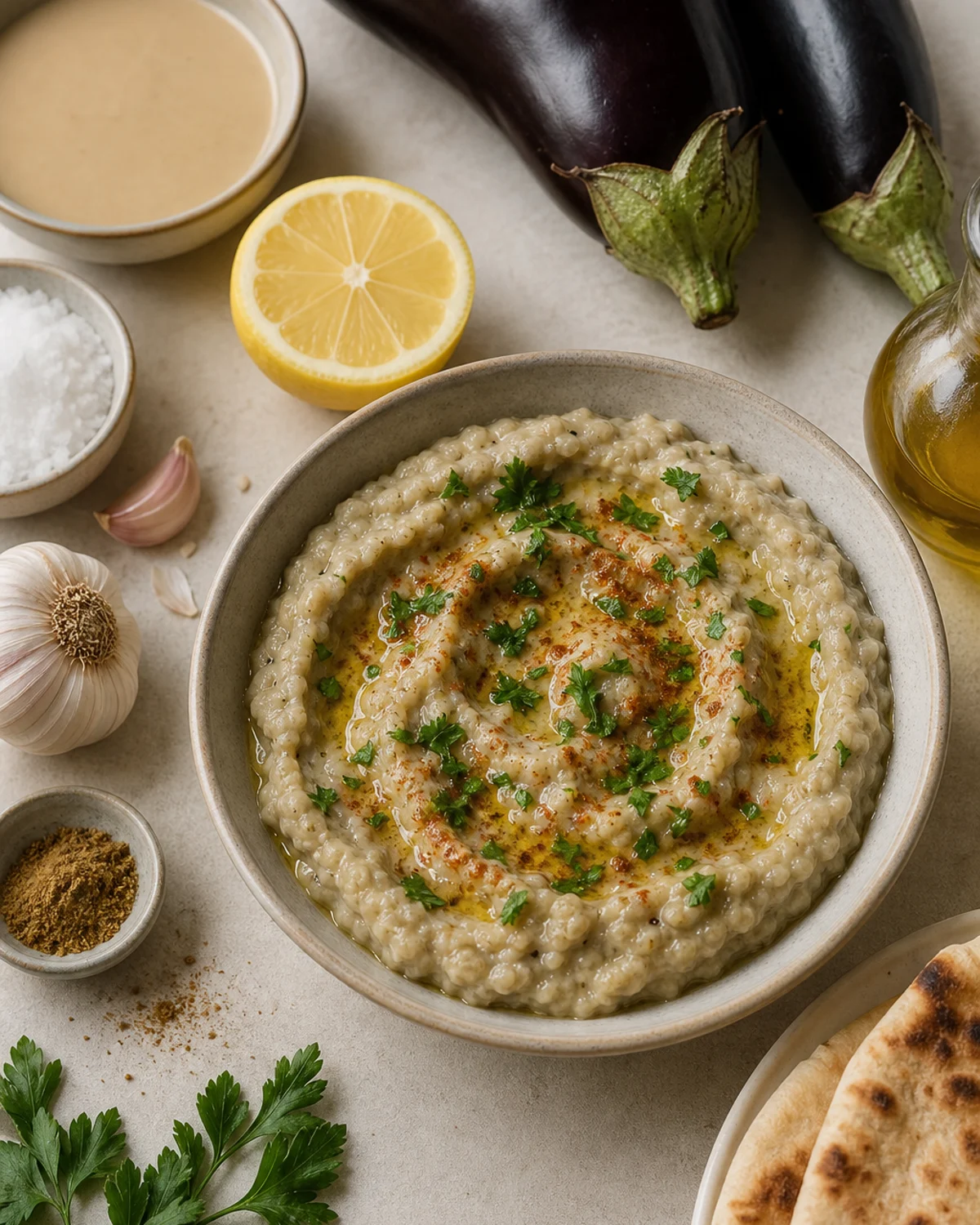 Aubergines, tahini, citron, ail, huile d’olive et pain pita pour baba ganoush