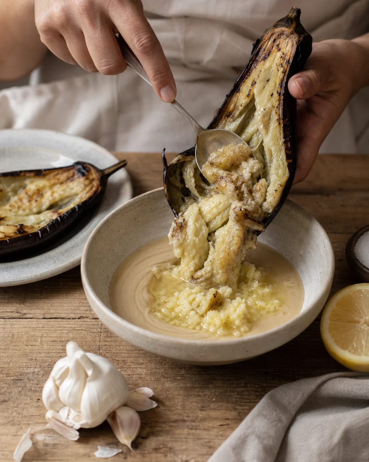 Aubergines rôties ouvertes et chair prélevée pour préparer un baba ganoush