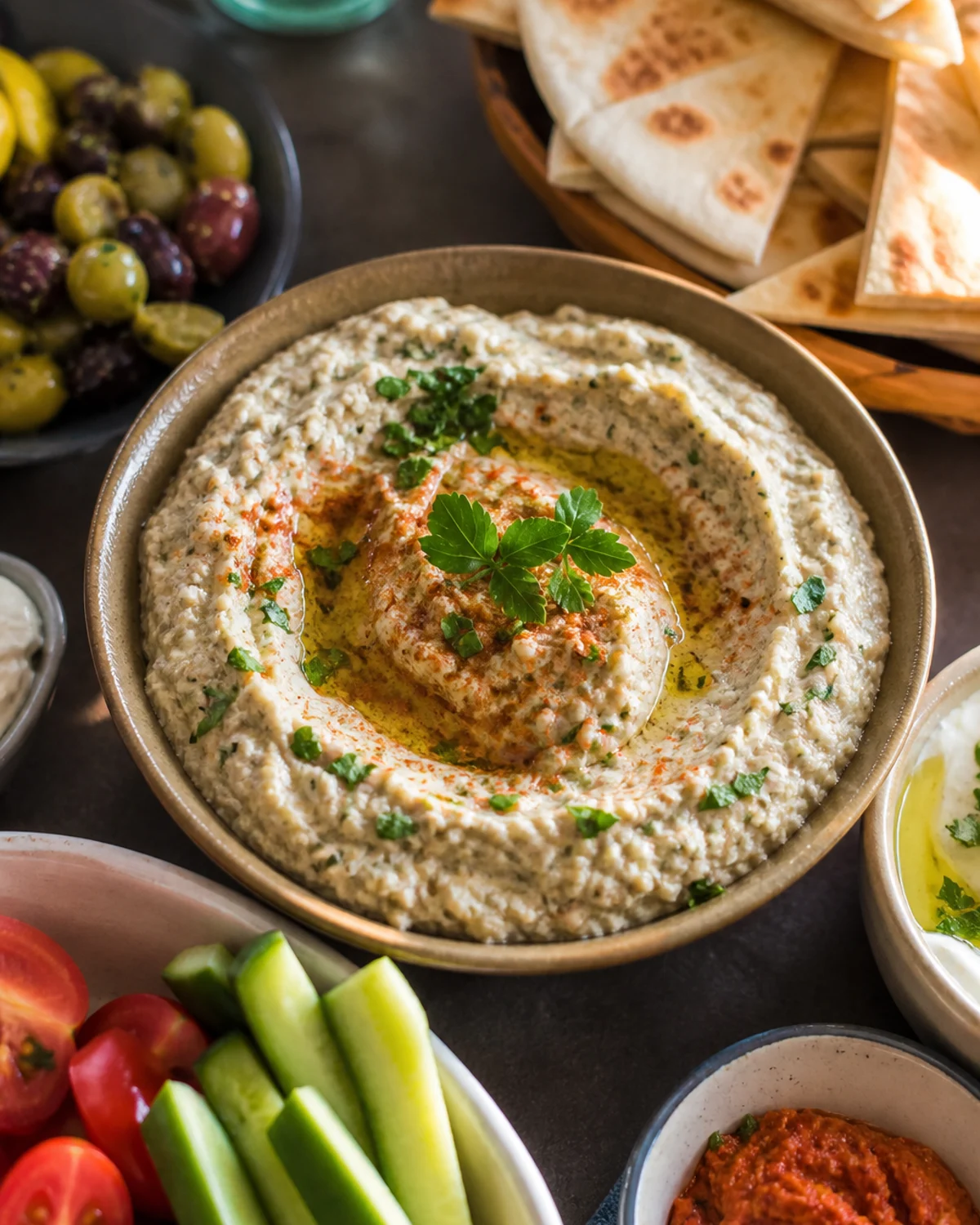 Baba ganoush servi en mezze avec pita chaud, crudités et filet d’huile d’olive