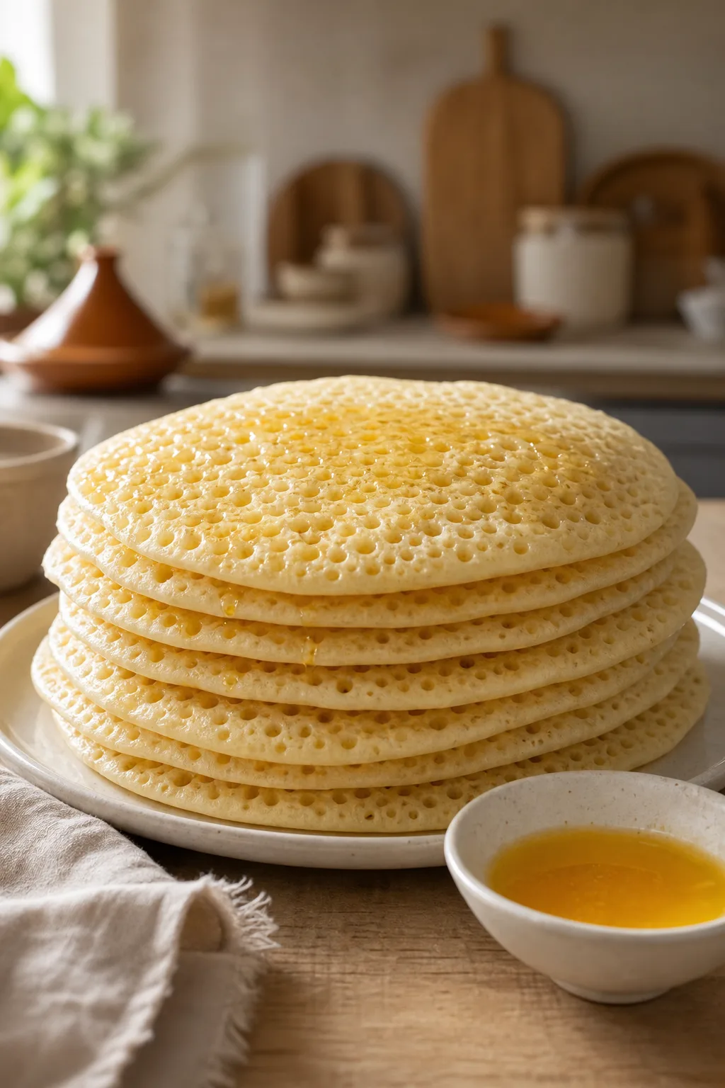 Pile de baghrirs aux mille trous avec une coupelle de miel