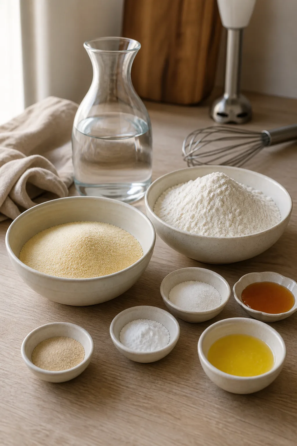 Semoule fine, farine, eau, levures, miel et beurre pour préparer les baghrirs