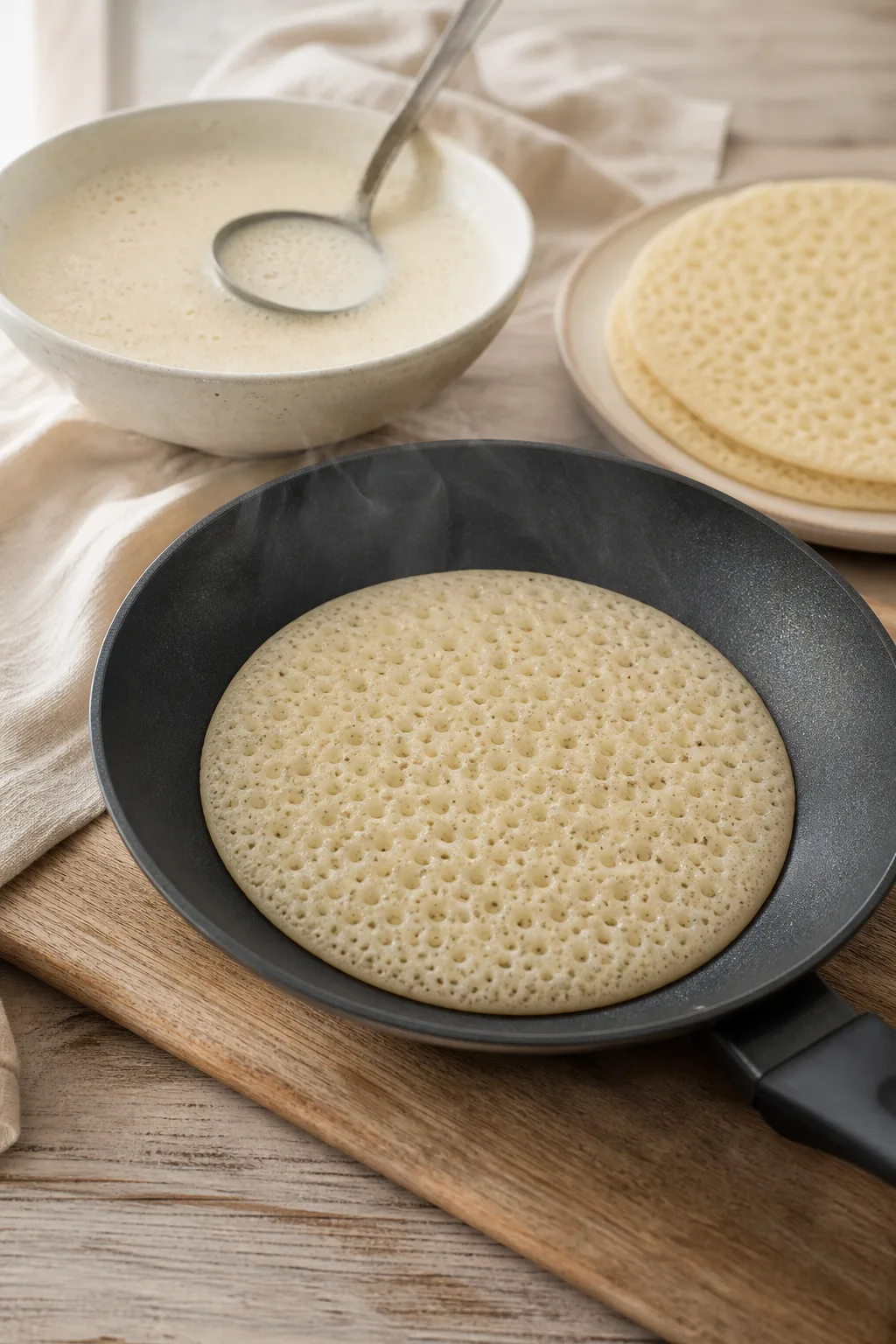Baghrir en cuisson sur une seule face dans une poêle noire