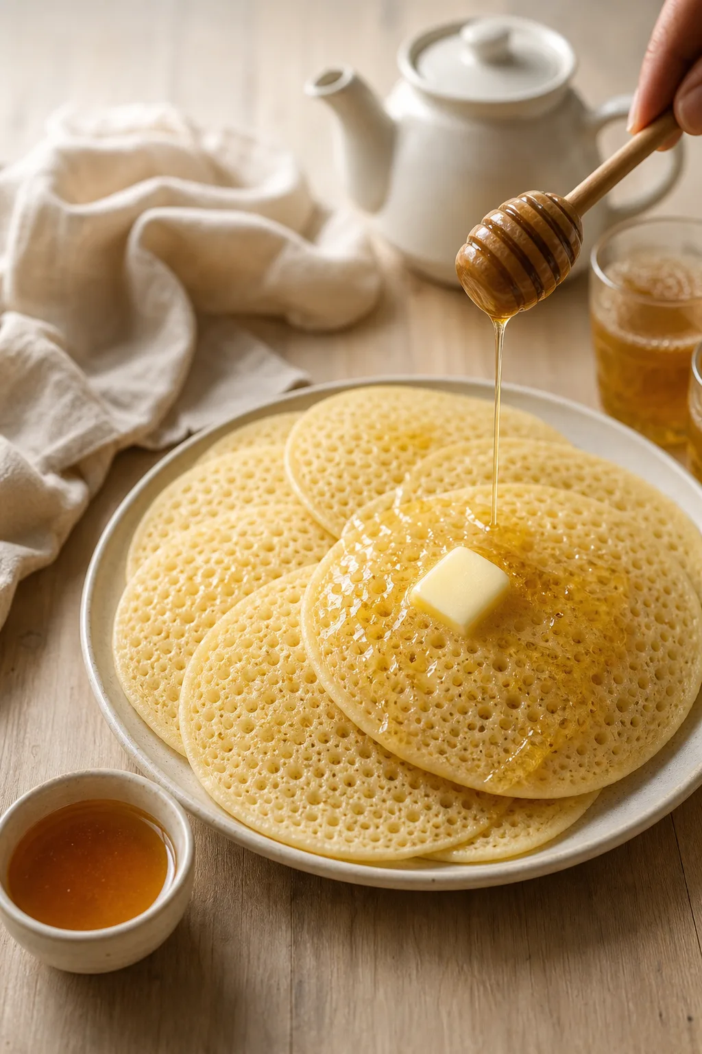 Baghrirs empilés nappés de miel avec une noix de beurre